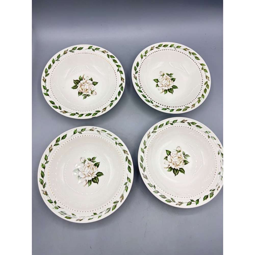 Vtg 4 Pc Hall Superior Dinnerware Cameo Rose Berry Dessert Bowls White 5"‎